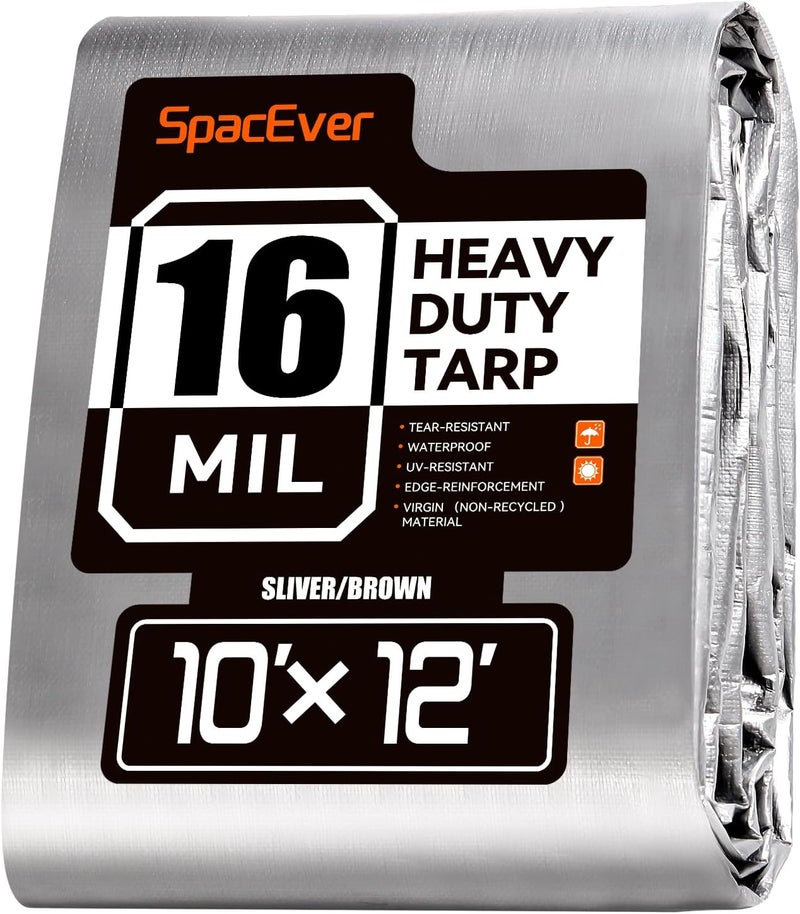 SpacEver 10x12 FT Tarp Waterproof, 16 Mil Tarps Heavy Duty Waterproof Multipurpose Protective Cover UV Resistant Rip & Tear Resistant with Grommets Reversible for Home Boats Cars Camping - Image 1
